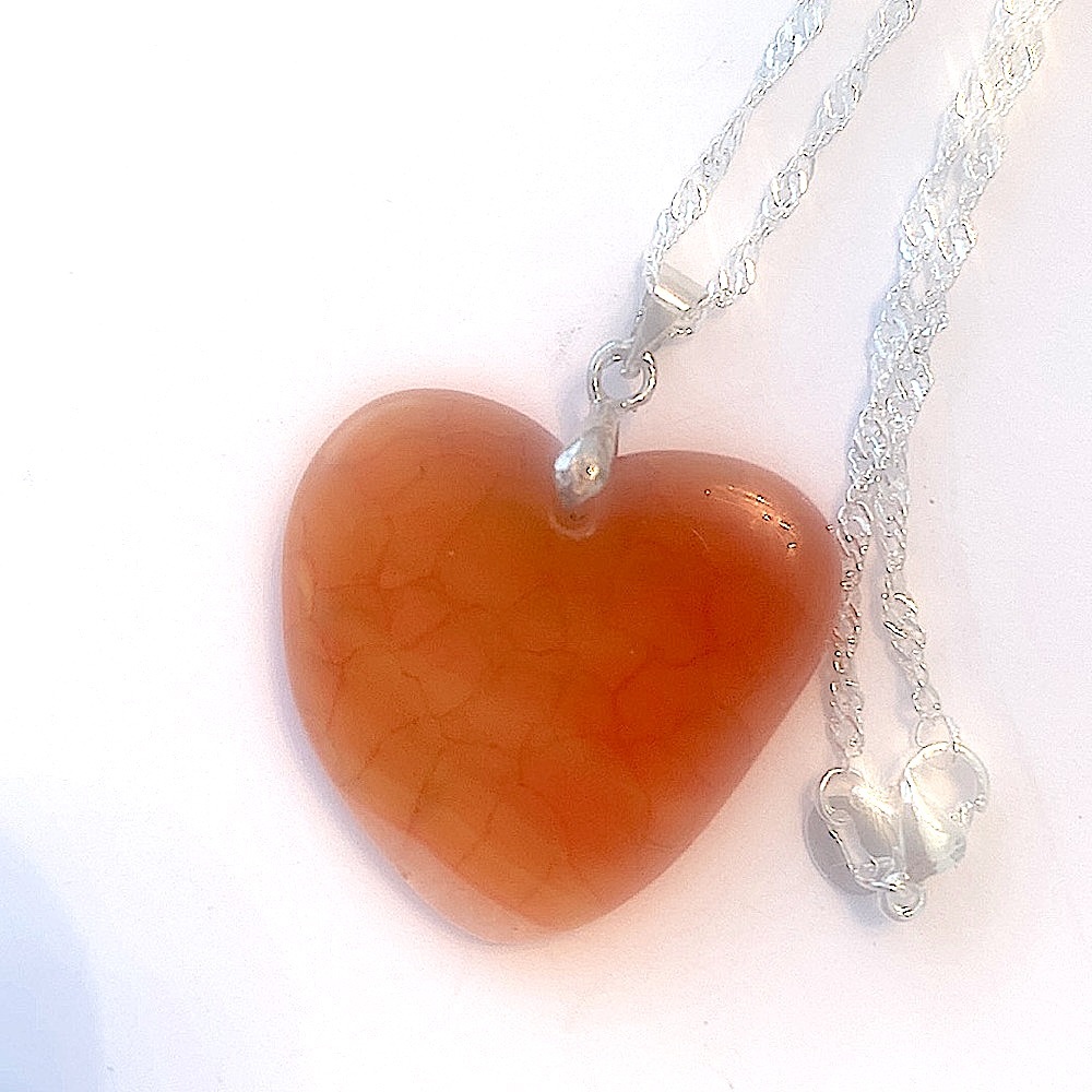 1 inch Dragon Vein Agate, heart shaped pendant on a silver chain.